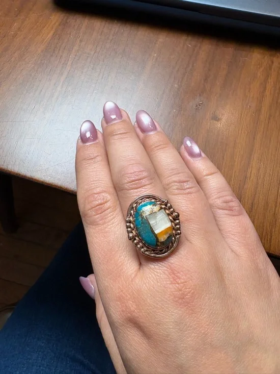 Hand Crafted Turquoise, White & Amber Copper Inlay Ring - Picture 2 of 3